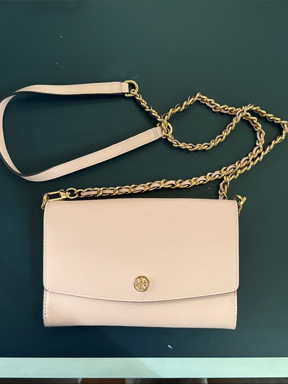 Tory Burch Pale Pink Leather Crossbody with Gold Chain Strap